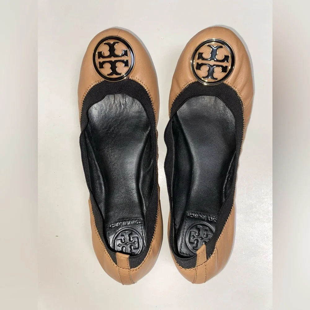 Tory Burch Tan Leather Ballet Flats With Logo Sz Women’s 7.5 M - Picture 10 of 11